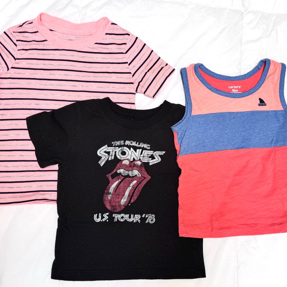 18m Tee bundle-Rolling Stones Black Graphic Tee, Colorful Tank Top, Striped Tee